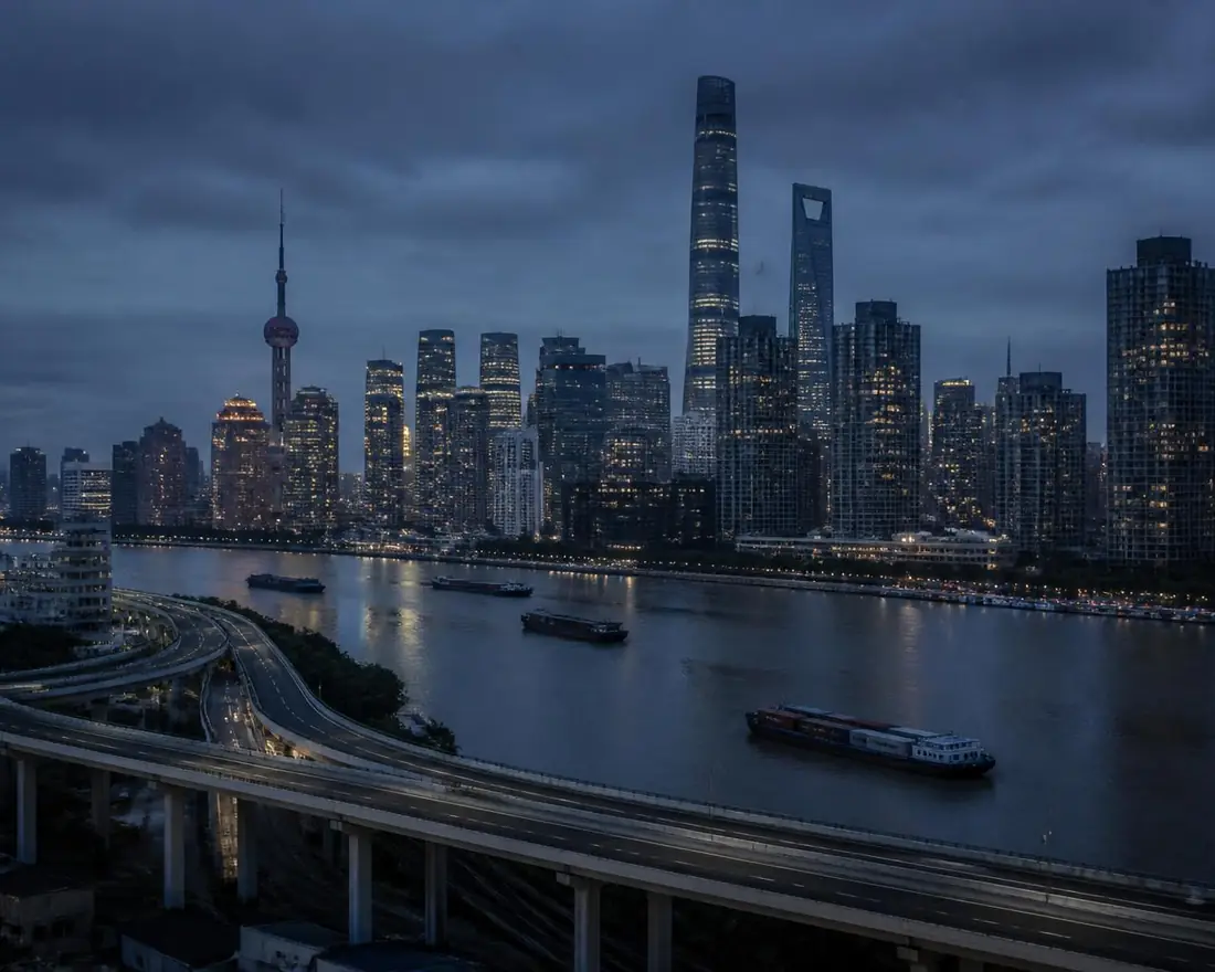 Pudong, Shanghai: skyline sobre o rio Huangpu, vias elevadas e logística fluvial